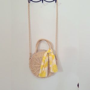 Round Straw crossbody Bag with lemon scarf
